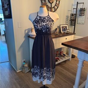 Elegant Navy and White Floral Halter Dress